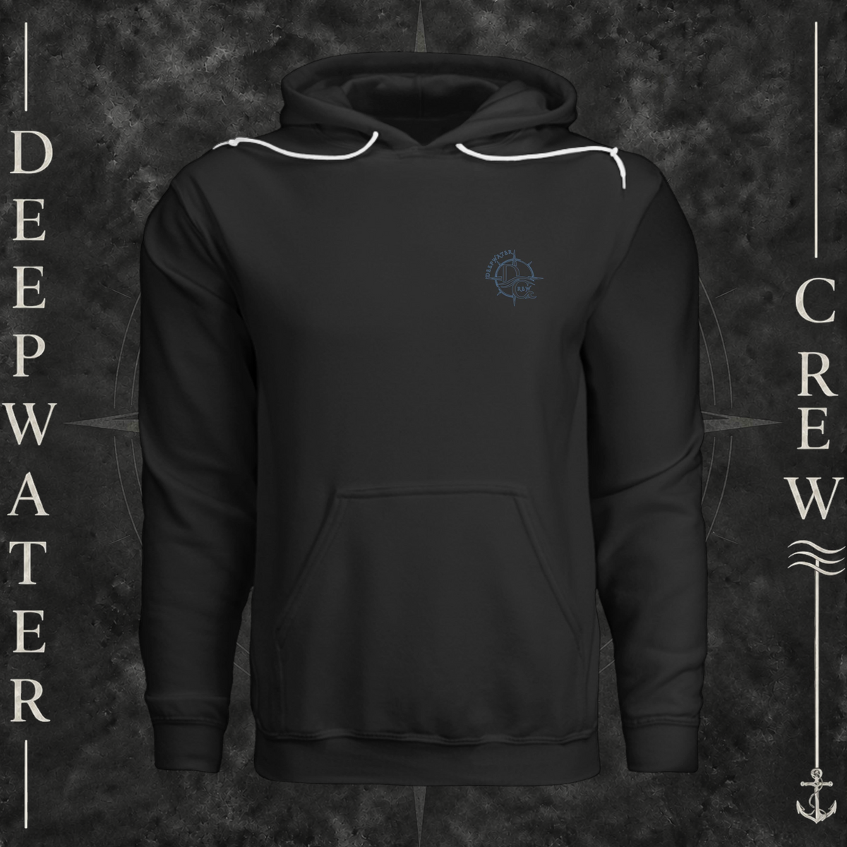 Vintage Black Deepwater Crew Co. Forged of Salt Fleece Hoodie, front view with small blue-outlined DC compass-and-wave crest logo.