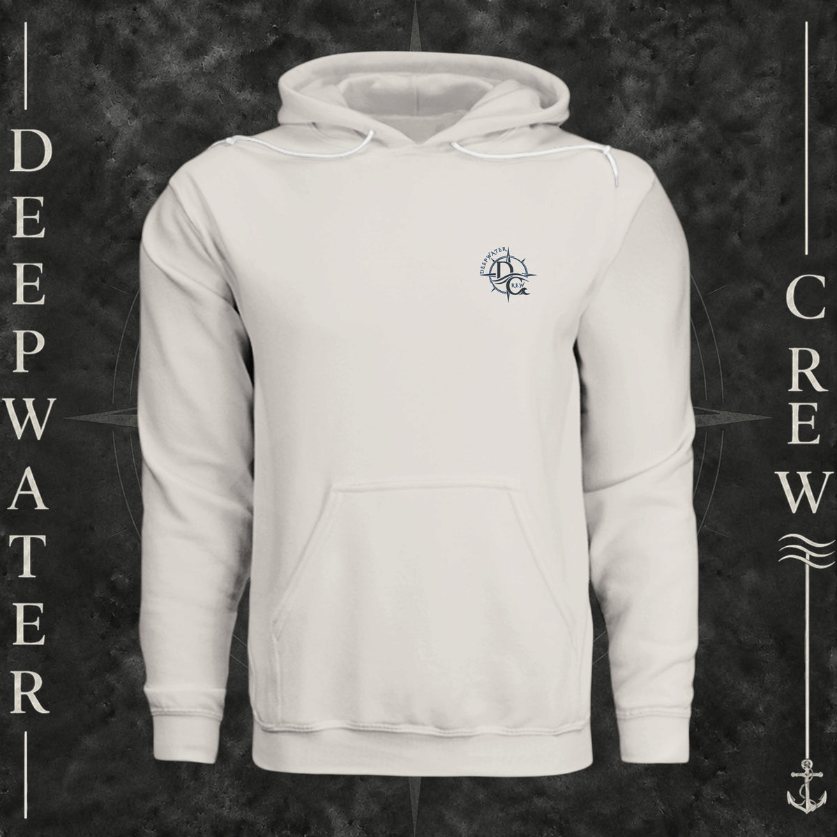 Vintage White Deepwater Crew Co. Forged of Salt Fleece Hoodie, front view with small blue-outlined DC compass-and-wave crest logo.