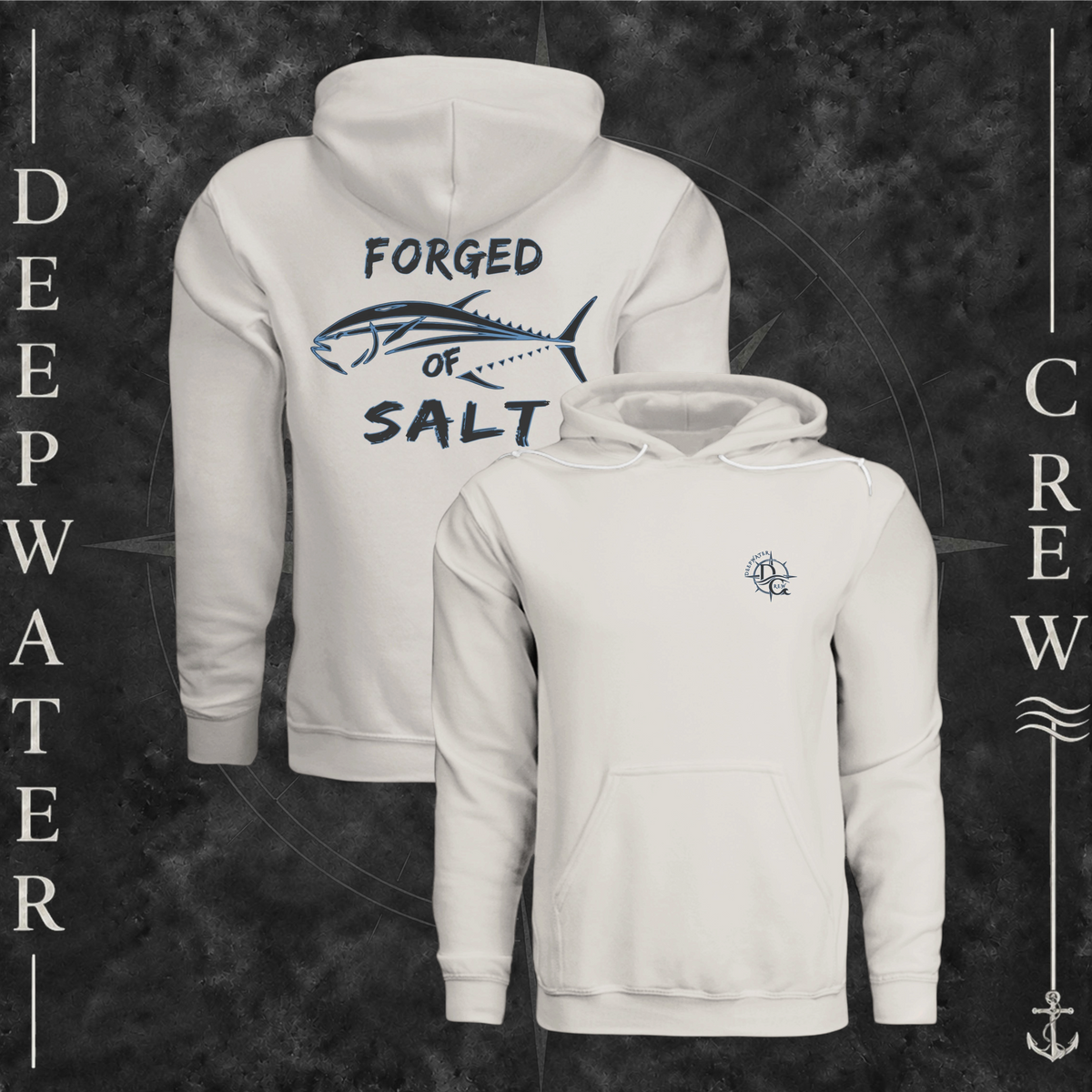 Vintage White Deepwater Crew Co. Forged of Salt Fleece Hoodie, product view on branded Deepwater Crew compass background.