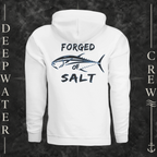 White Deepwater Crew Co. Forged of Salt Fleece Hoodie, back view with stylized tuna graphic, blue accents, and Forged of Salt lettering.