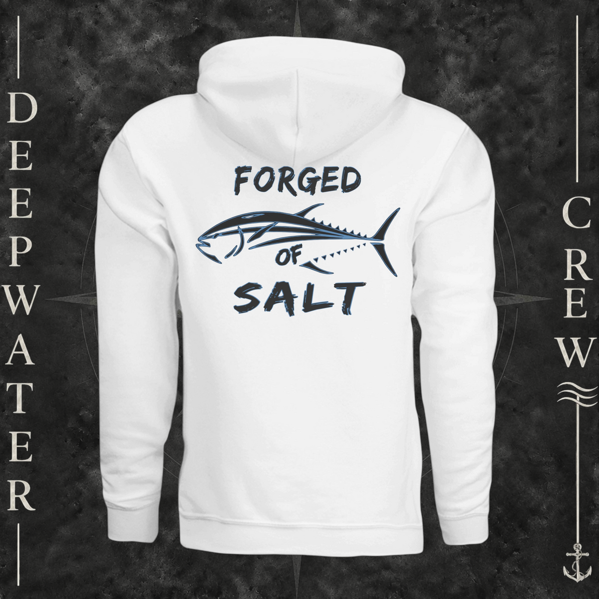 White Deepwater Crew Co. Forged of Salt Fleece Hoodie, back view with stylized tuna graphic, blue accents, and Forged of Salt lettering.