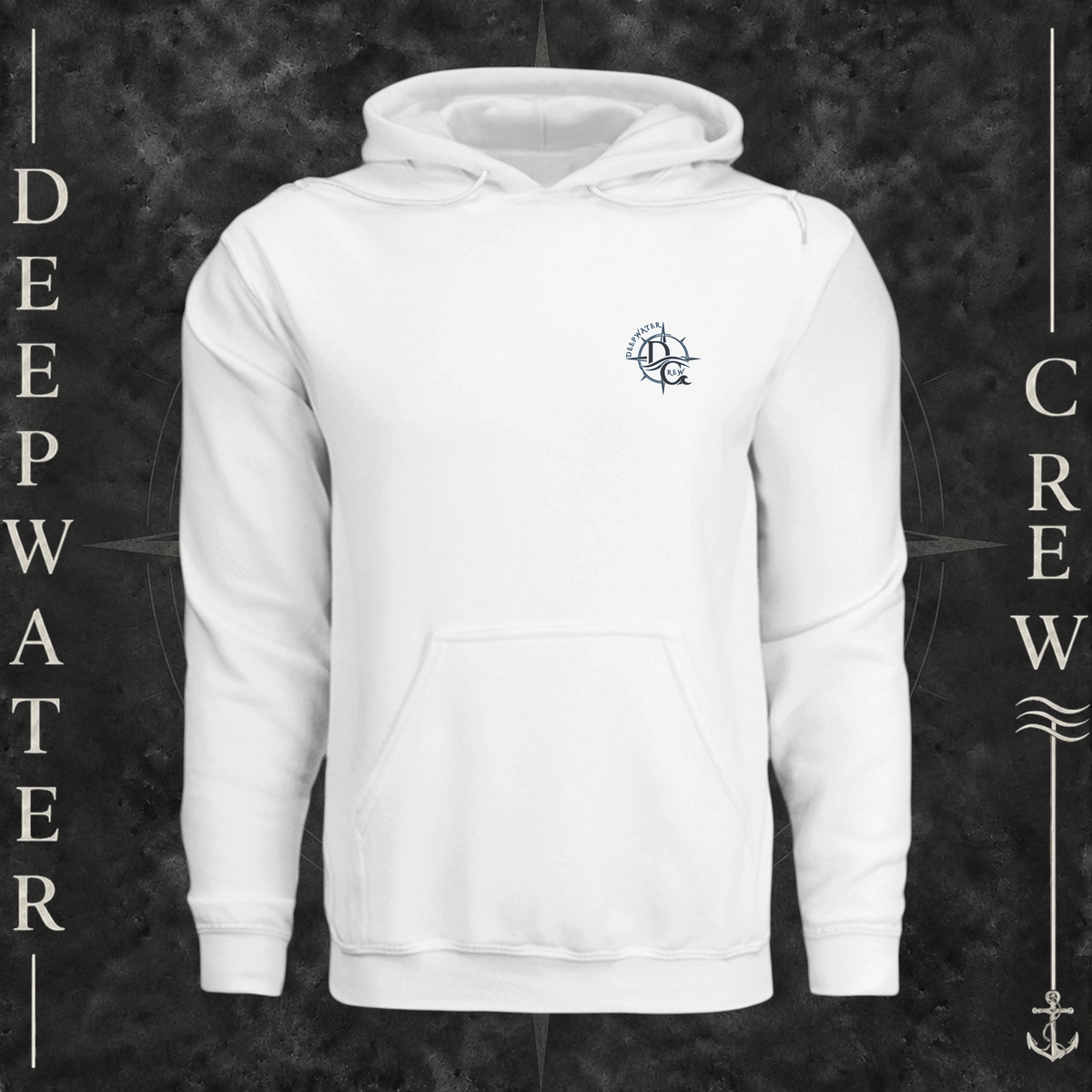 White Deepwater Crew Co. Forged of Salt Fleece Hoodie, front view with small blue-outlined DC compass-and-wave crest logo.