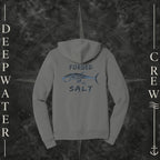 Asphalt Deepwater Crew Co. Forged of Salt Fleece Zip Hoodie, back view with stylized tuna graphic, blue accents, and Forged of Salt lettering.
