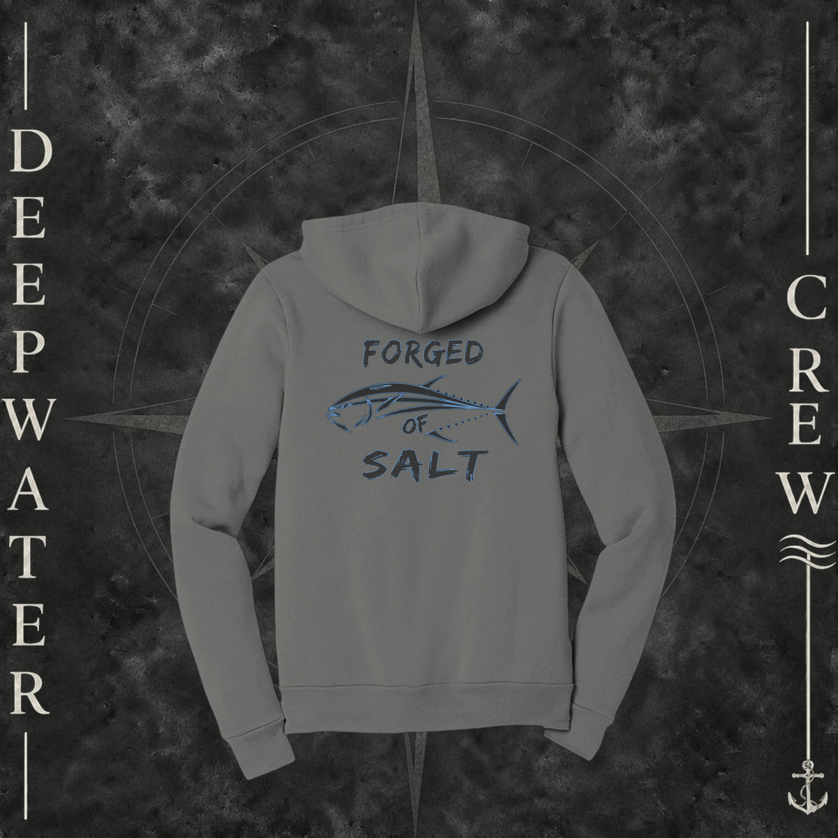 Asphalt Deepwater Crew Co. Forged of Salt Fleece Zip Hoodie, back view with stylized tuna graphic, blue accents, and Forged of Salt lettering.