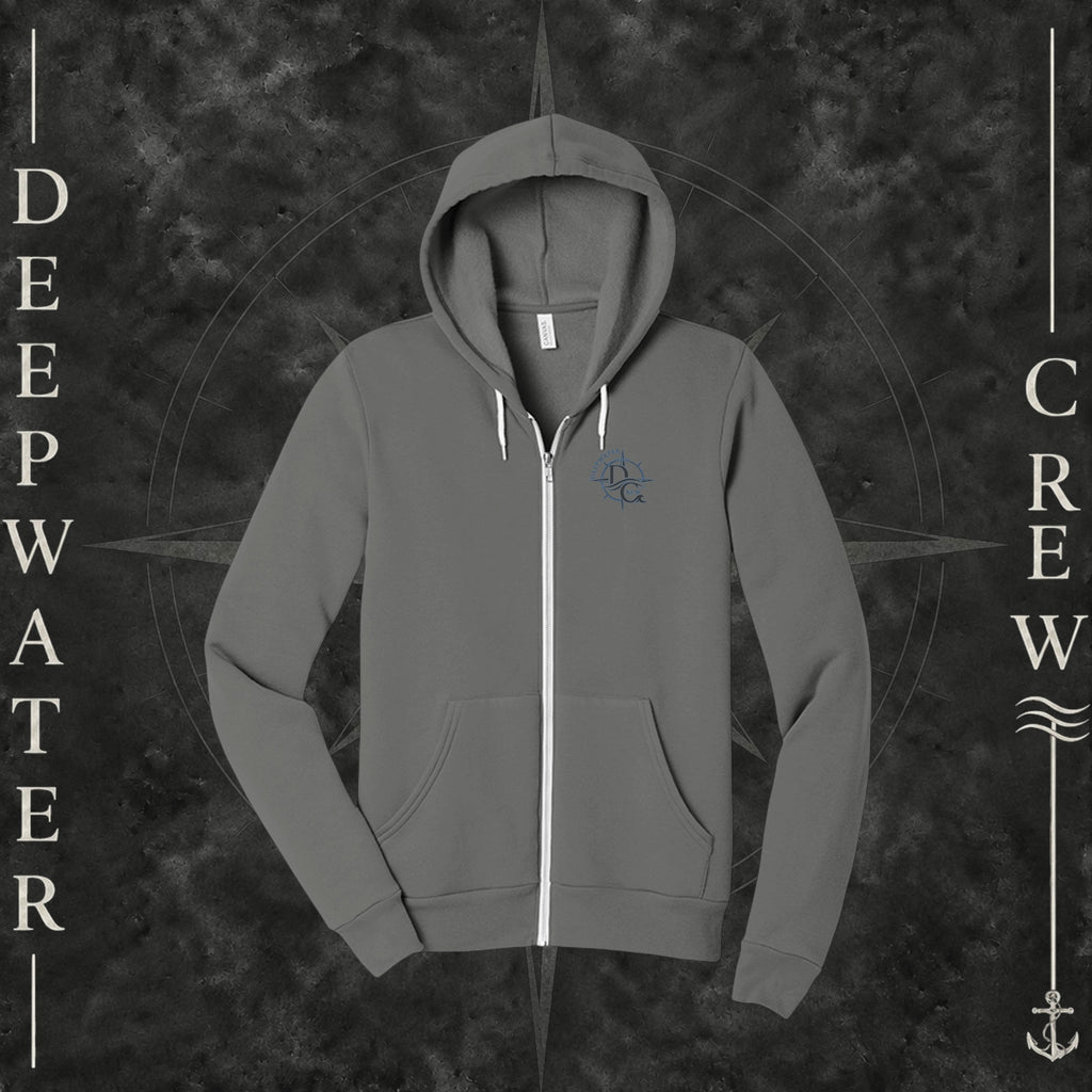 Asphalt Deepwater Crew Co. Forged of Salt Fleece Zip Hoodie, front view with small blue-outlined DC compass-and-wave crest logo.