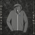 Asphalt Deepwater Crew Co. Forged of Salt Fleece Zip Hoodie, front view with small blue-outlined DC compass-and-wave crest logo.