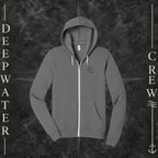 Asphalt Deepwater Crew Co. Forged of Salt Fleece Zip Hoodie, front view with small blue-outlined DC compass-and-wave crest logo.
