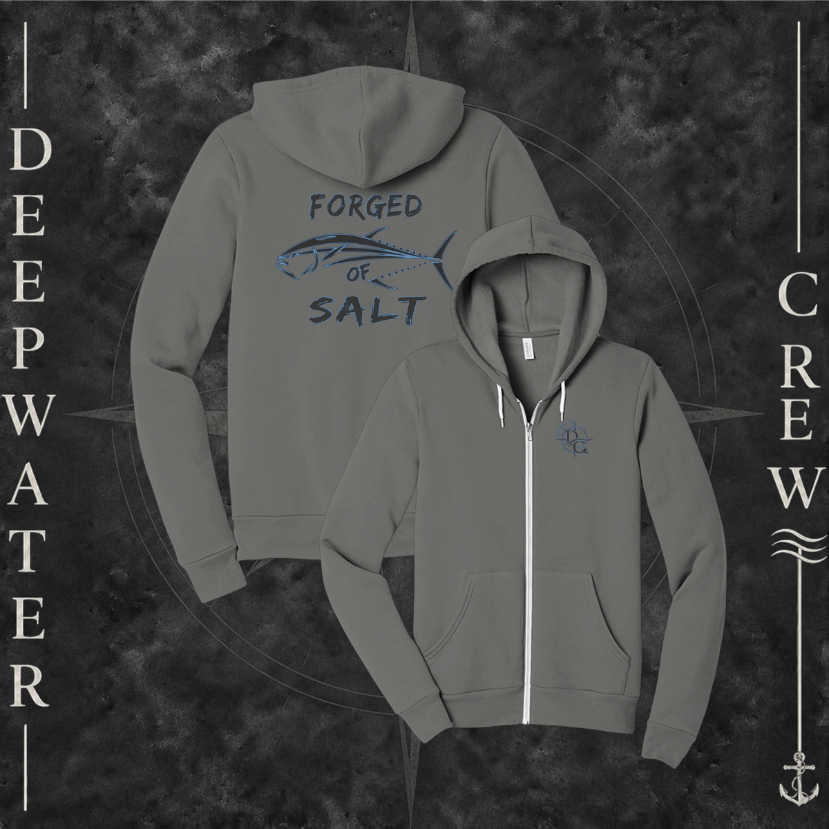 Asphalt Deepwater Crew Co. Forged of Salt Fleece Zip Hoodie, product view on branded Deepwater Crew compass background.