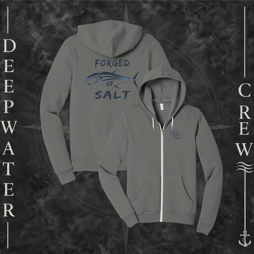 Asphalt Deepwater Crew Co. Forged of Salt Fleece Zip Hoodie, product view on branded Deepwater Crew compass background.