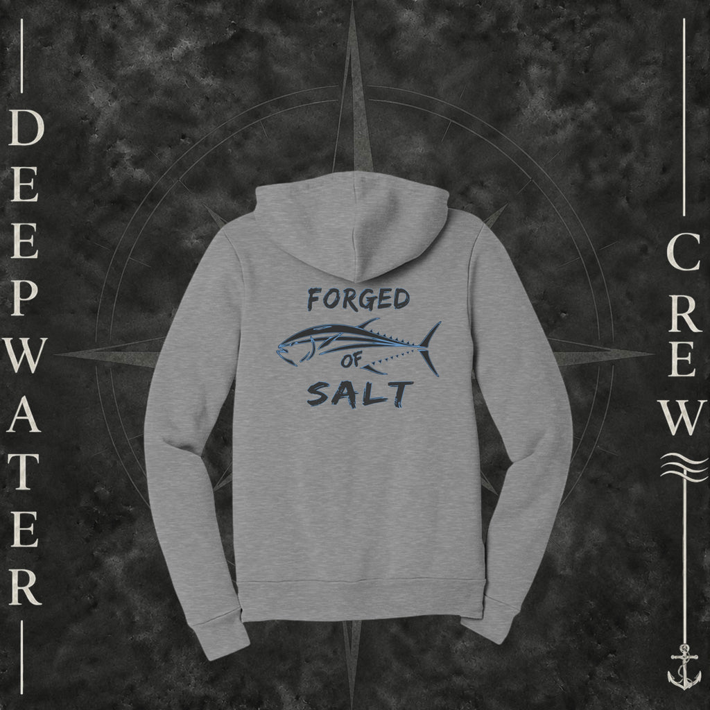 Athletic Heather Deepwater Crew Co. Forged of Salt Fleece Zip Hoodie, back view with stylized tuna graphic, blue accents, and Forged of Salt lettering.