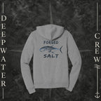 Athletic Heather Deepwater Crew Co. Forged of Salt Fleece Zip Hoodie, back view with stylized tuna graphic, blue accents, and Forged of Salt lettering.