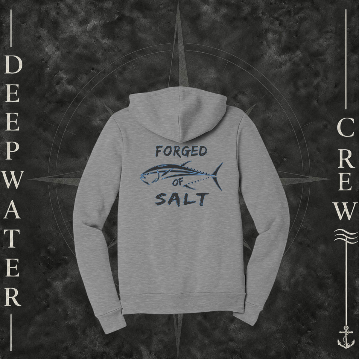 Athletic Heather Deepwater Crew Co. Forged of Salt Fleece Zip Hoodie, back view with stylized tuna graphic, blue accents, and Forged of Salt lettering.