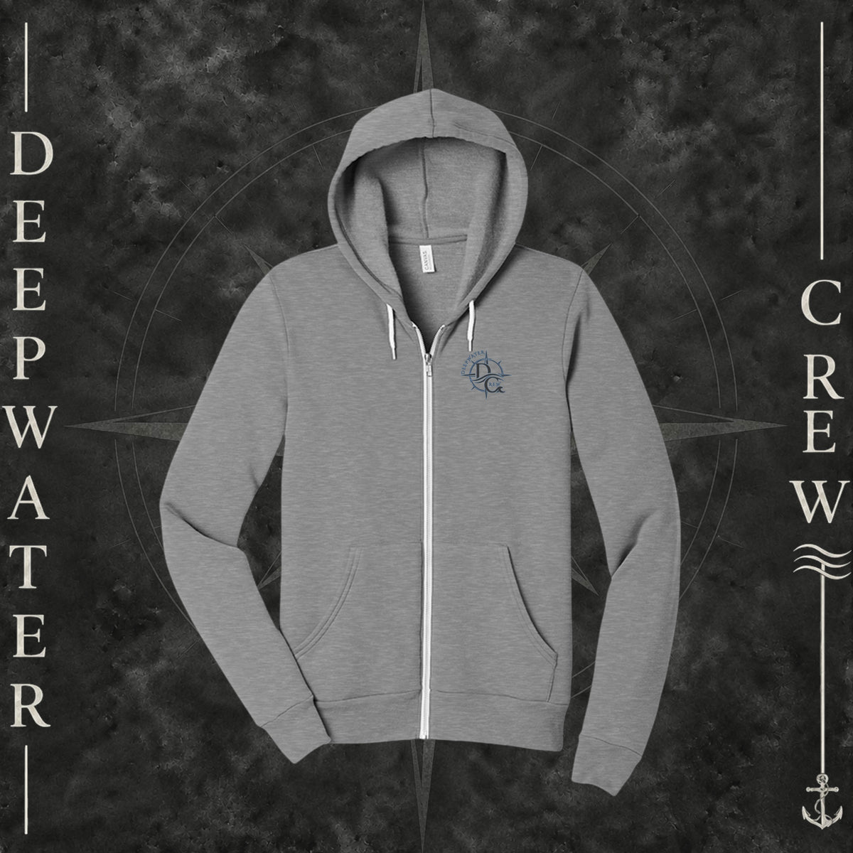 Athletic Heather Deepwater Crew Co. Forged of Salt Fleece Zip Hoodie, front view with small blue-outlined DC compass-and-wave crest logo.