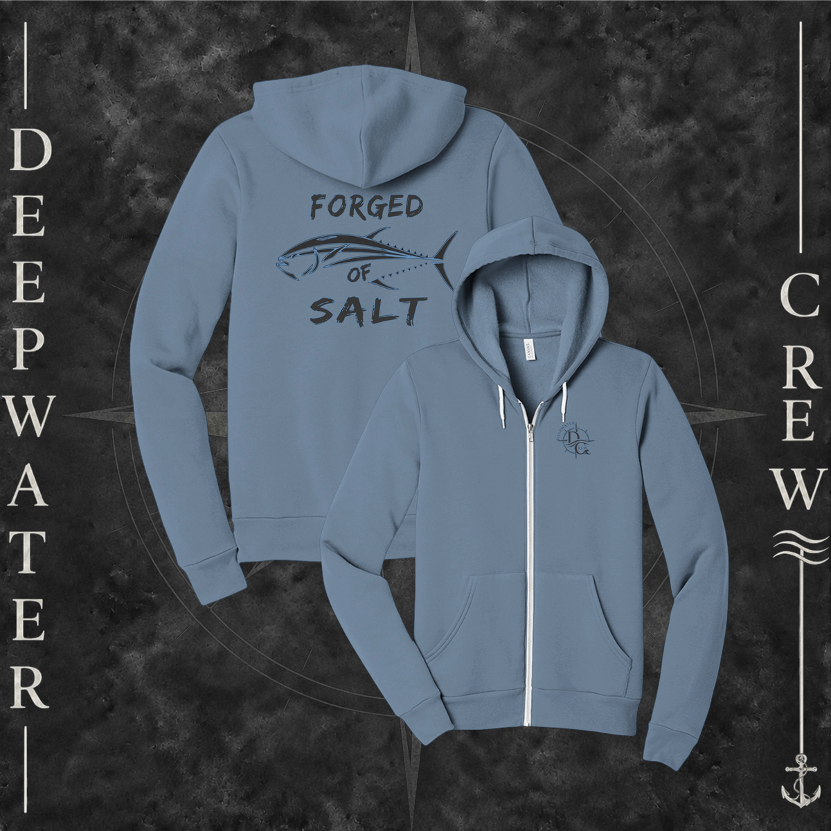 Steel Blue Deepwater Crew Co. Forged of Salt Fleece Zip Hoodie, product view on branded Deepwater Crew compass background.