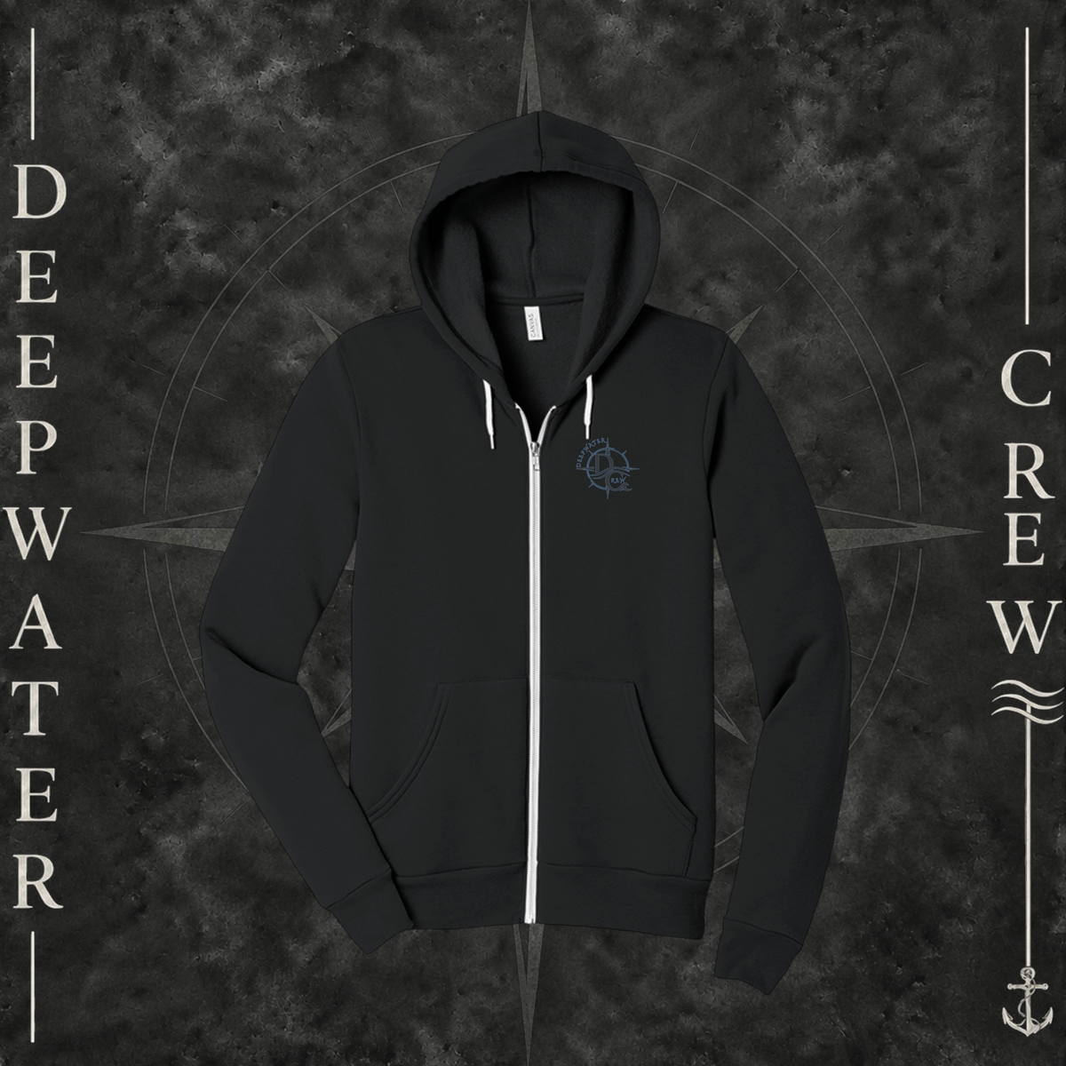 Vintage Black Deepwater Crew Co. Forged of Salt Fleece Zip Hoodie, front view with small blue-outlined DC compass-and-wave crest logo.