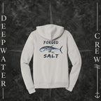 Vintage White Deepwater Crew Co. Forged of Salt Fleece Zip Hoodie, back view with stylized tuna graphic, blue accents, and Forged of Salt lettering.