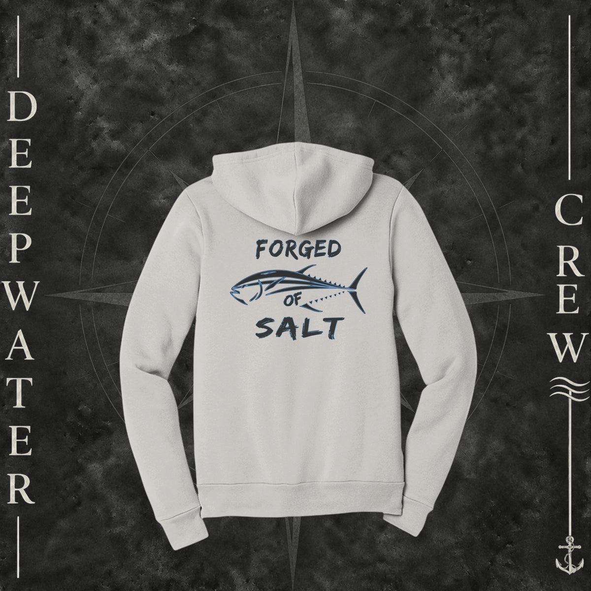 Vintage White Deepwater Crew Co. Forged of Salt Fleece Zip Hoodie, back view with stylized tuna graphic, blue accents, and Forged of Salt lettering.