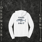 White Deepwater Crew Co. Forged of Salt Fleece Zip Hoodie, back view with stylized tuna graphic, blue accents, and Forged of Salt lettering.