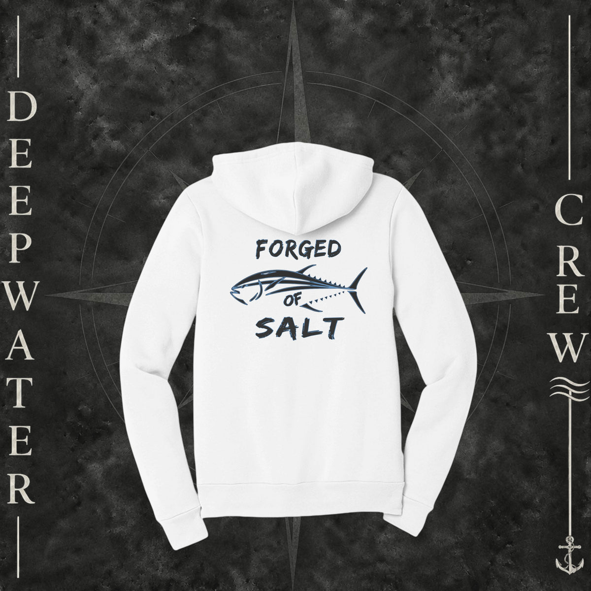 White Deepwater Crew Co. Forged of Salt Fleece Zip Hoodie, back view with stylized tuna graphic, blue accents, and Forged of Salt lettering.
