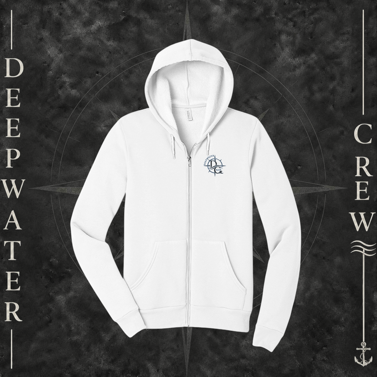 White Deepwater Crew Co. Forged of Salt Fleece Zip Hoodie, front view with small blue-outlined DC compass-and-wave crest logo.