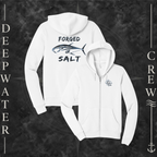 White Deepwater Crew Co. Forged of Salt Fleece Zip Hoodie, product view on branded Deepwater Crew compass background.
