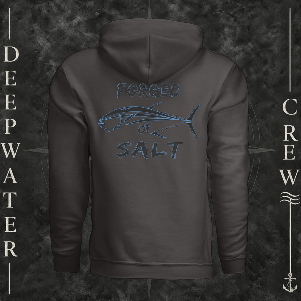 Asphalt Deepwater Crew Co. Forged of Salt Heavy Fleece Hoodie, back view with stylized tuna graphic, blue accents, and Forged of Salt lettering.