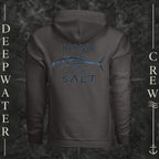 Asphalt Deepwater Crew Co. Forged of Salt Heavy Fleece Hoodie, back view with stylized tuna graphic, blue accents, and Forged of Salt lettering.