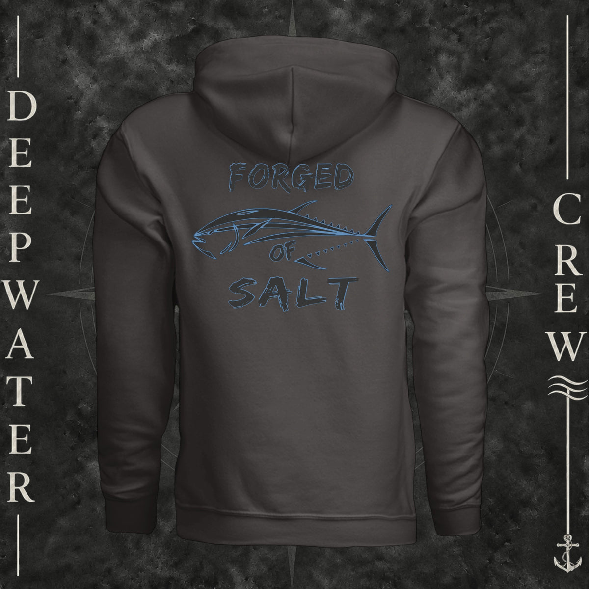 Asphalt Deepwater Crew Co. Forged of Salt Heavy Fleece Hoodie, back view with stylized tuna graphic, blue accents, and Forged of Salt lettering.