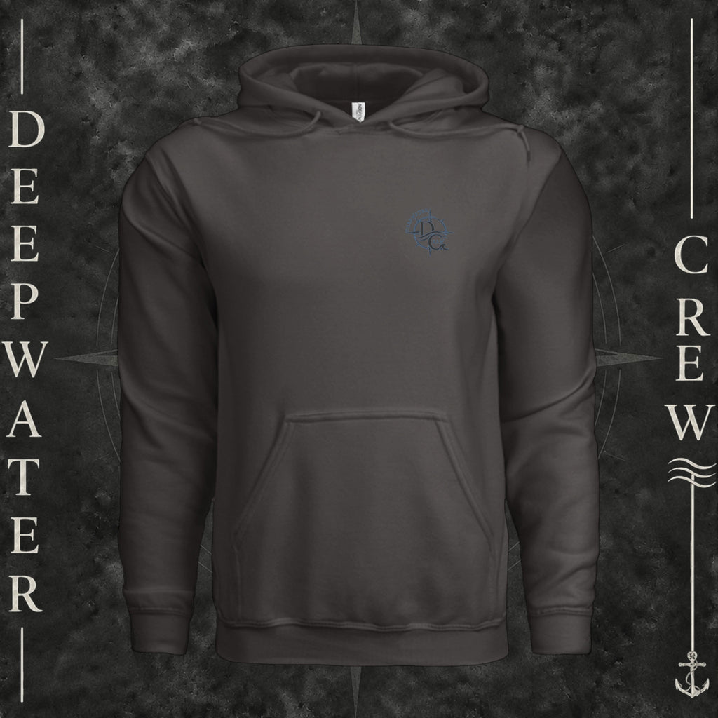 Asphalt Deepwater Crew Co. Forged of Salt Heavy Fleece Hoodie, front view with small blue-outlined DC compass-and-wave crest logo.
