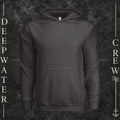 Asphalt Deepwater Crew Co. Forged of Salt Heavy Fleece Hoodie, front view with small blue-outlined DC compass-and-wave crest logo.