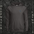 Asphalt Deepwater Crew Co. Forged of Salt Heavy Fleece Hoodie, front view with small blue-outlined DC compass-and-wave crest logo.