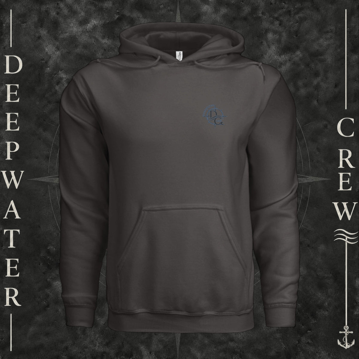 Asphalt Deepwater Crew Co. Forged of Salt Heavy Fleece Hoodie, front view with small blue-outlined DC compass-and-wave crest logo.