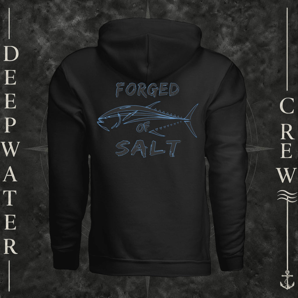 Black Deepwater Crew Co. Forged of Salt Heavy Fleece Hoodie, back view with stylized tuna graphic, blue accents, and Forged of Salt lettering.