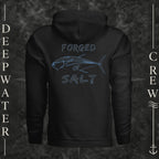 Black Deepwater Crew Co. Forged of Salt Heavy Fleece Hoodie, back view with stylized tuna graphic, blue accents, and Forged of Salt lettering.