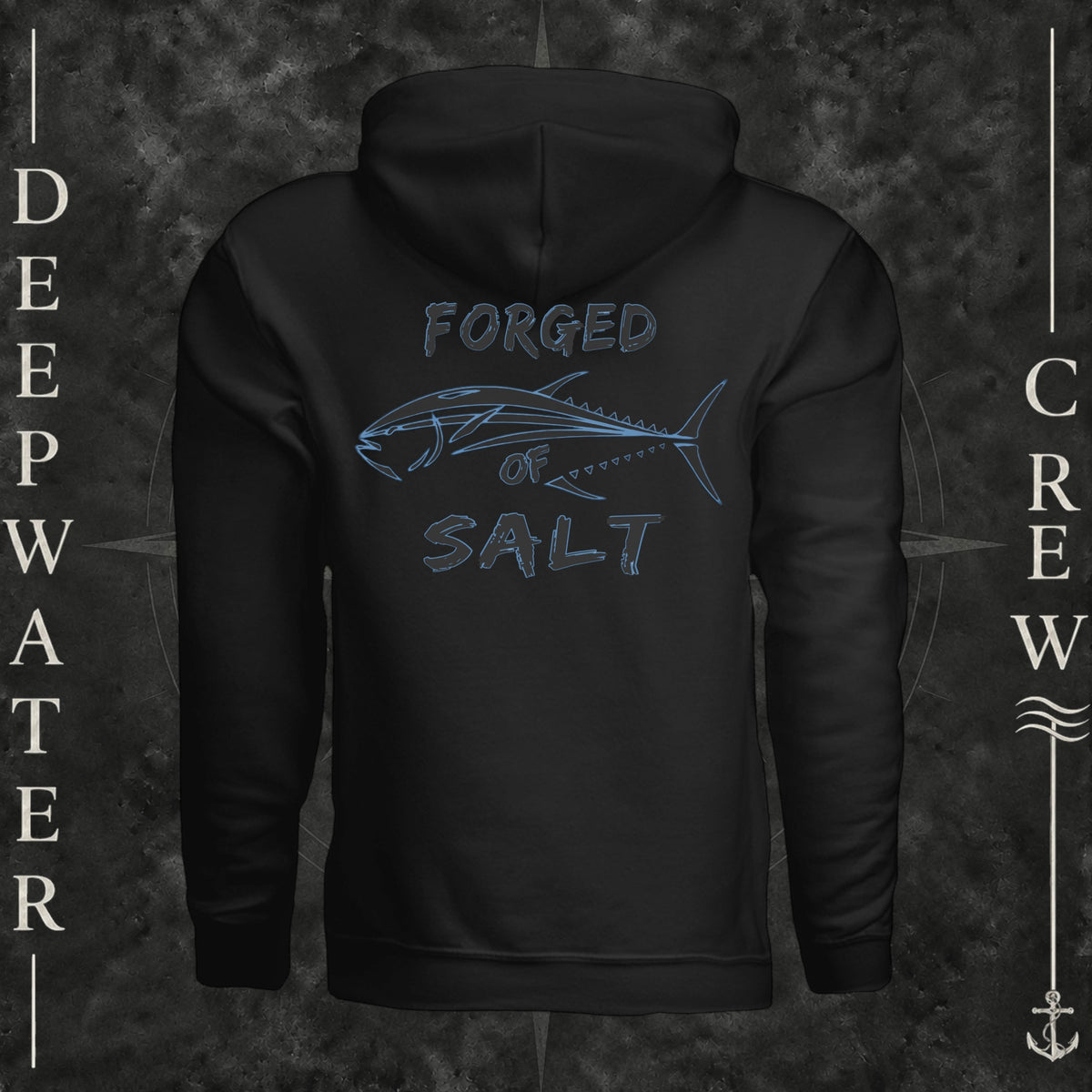 Black Deepwater Crew Co. Forged of Salt Heavy Fleece Hoodie, back view with stylized tuna graphic, blue accents, and Forged of Salt lettering.