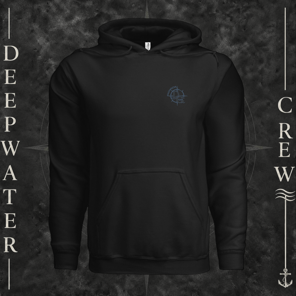 Black Deepwater Crew Co. Forged of Salt Heavy Fleece Hoodie, front view with small blue-outlined DC compass-and-wave crest logo.