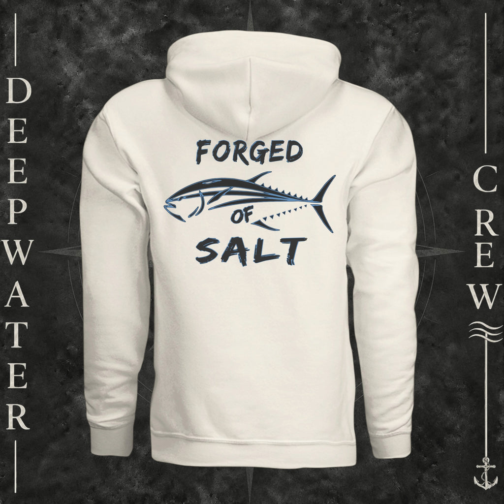 Bone Deepwater Crew Co. Forged of Salt Heavy Fleece Hoodie, back view with stylized tuna graphic, blue accents, and Forged of Salt lettering.