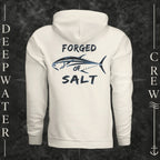 Bone Deepwater Crew Co. Forged of Salt Heavy Fleece Hoodie, back view with stylized tuna graphic, blue accents, and Forged of Salt lettering.