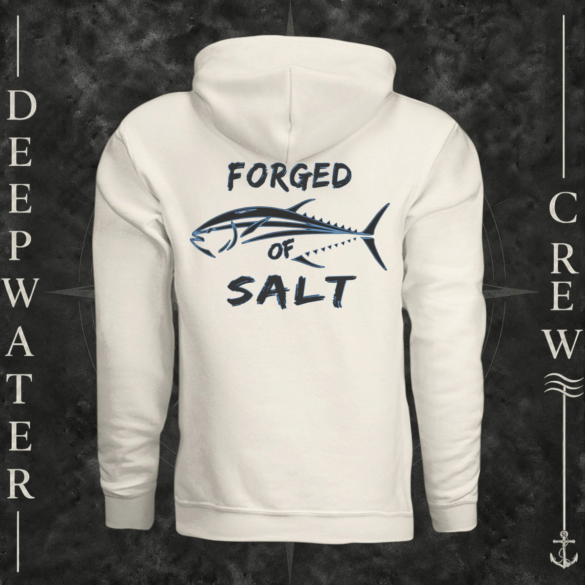 Bone Deepwater Crew Co. Forged of Salt Heavy Fleece Hoodie, back view with stylized tuna graphic, blue accents, and Forged of Salt lettering.