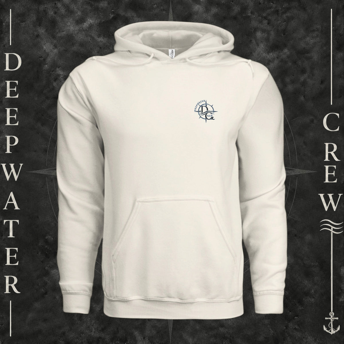 Bone Deepwater Crew Co. Forged of Salt Heavy Fleece Hoodie, front view with small blue-outlined DC compass-and-wave crest logo.