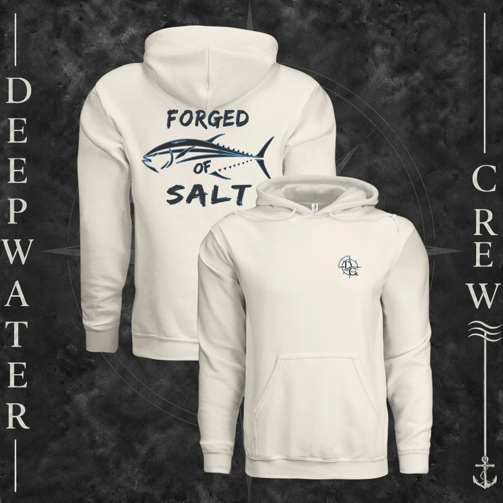 Bone Deepwater Crew Co. Forged of Salt Heavy Fleece Hoodie, product view on branded Deepwater Crew compass background.