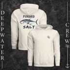 Bone Deepwater Crew Co. Forged of Salt Heavy Fleece Hoodie, product view on branded Deepwater Crew compass background.