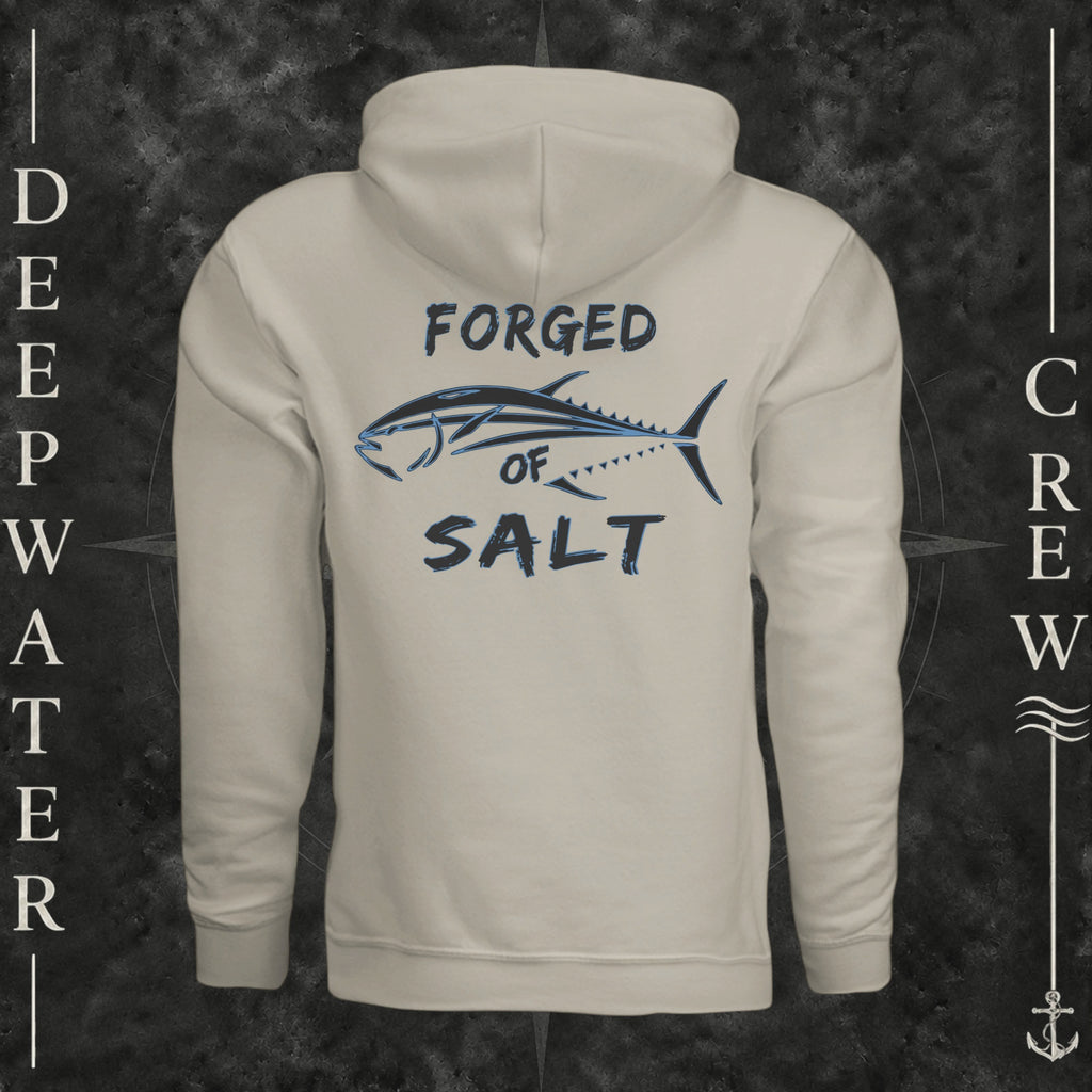 Cement Deepwater Crew Co. Forged of Salt Heavy Fleece Hoodie, back view with stylized tuna graphic, blue accents, and Forged of Salt lettering.