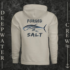 Cement Deepwater Crew Co. Forged of Salt Heavy Fleece Hoodie, back view with stylized tuna graphic, blue accents, and Forged of Salt lettering.