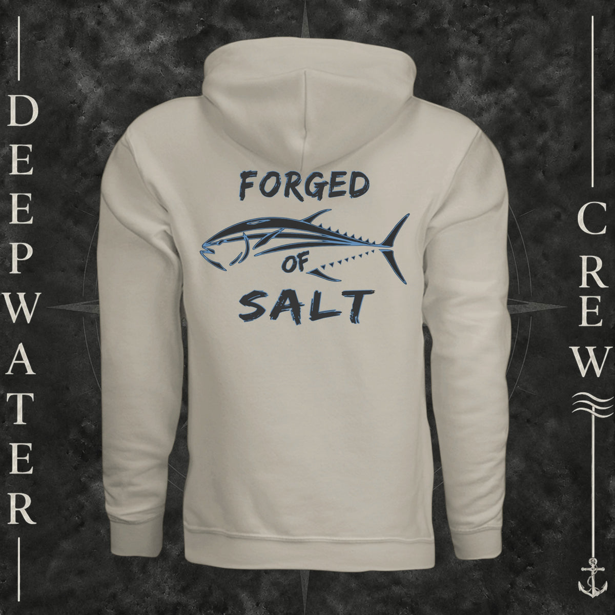 Cement Deepwater Crew Co. Forged of Salt Heavy Fleece Hoodie, back view with stylized tuna graphic, blue accents, and Forged of Salt lettering.
