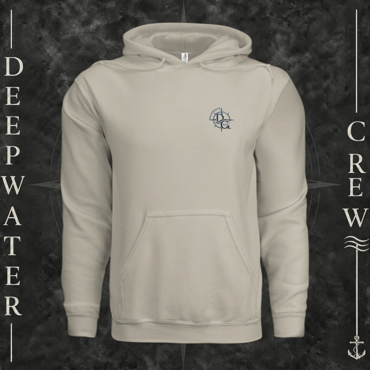 Cement Deepwater Crew Co. Forged of Salt Heavy Fleece Hoodie, front view with small blue-outlined DC compass-and-wave crest logo.