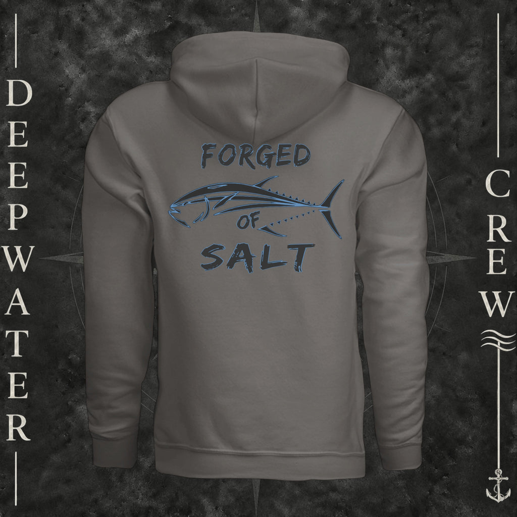 Charcoal Deepwater Crew Co. Forged of Salt Heavy Fleece Hoodie, back view with stylized tuna graphic, blue accents, and Forged of Salt lettering.