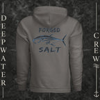 Charcoal Deepwater Crew Co. Forged of Salt Heavy Fleece Hoodie, back view with stylized tuna graphic, blue accents, and Forged of Salt lettering.