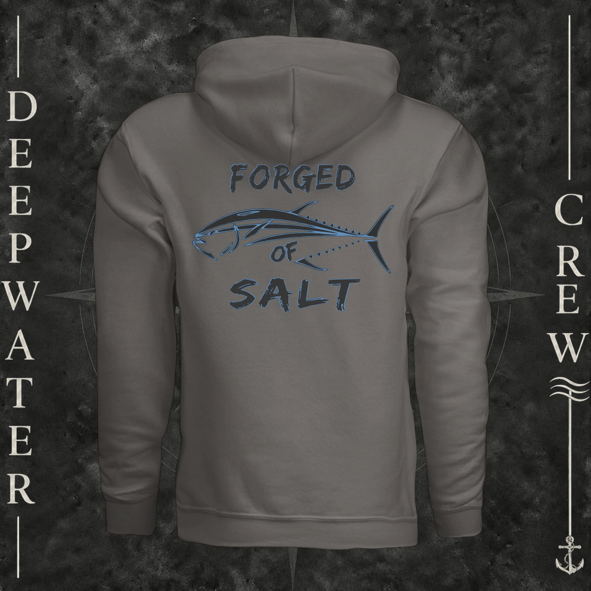 Charcoal Deepwater Crew Co. Forged of Salt Heavy Fleece Hoodie, back view with stylized tuna graphic, blue accents, and Forged of Salt lettering.