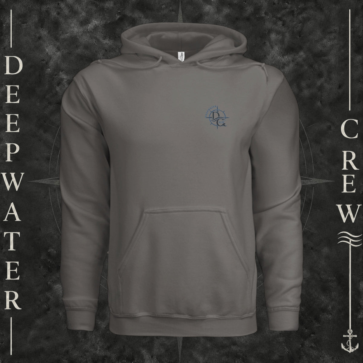 Charcoal Deepwater Crew Co. Forged of Salt Heavy Fleece Hoodie, front view with small blue-outlined DC compass-and-wave crest logo.